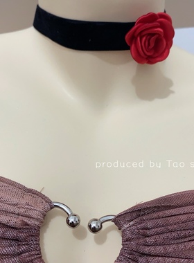 复古红色丝绒花朵项圈女法式优雅气质锁骨链颈链项链设计感choker