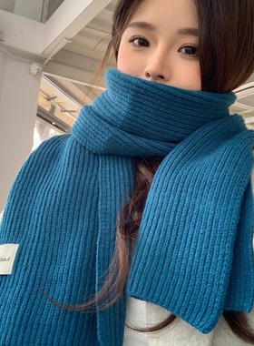 韩系蓝色针织围巾女冬季2025新款百搭氛围高级感保暖毛线学生围脖