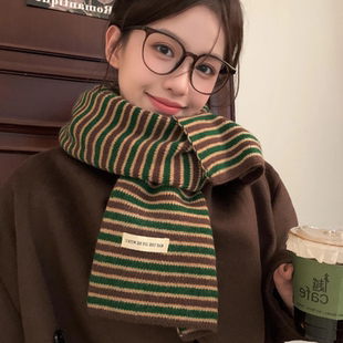 棕绿色条纹韩系氛围感2025新款 保暖学生高级感围脖 针织围巾女冬季