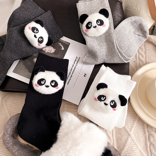 韩版黑白熊猫玩偶袜子女秋冬棉中筒袜潮个性可爱学院风女袜甜美潮