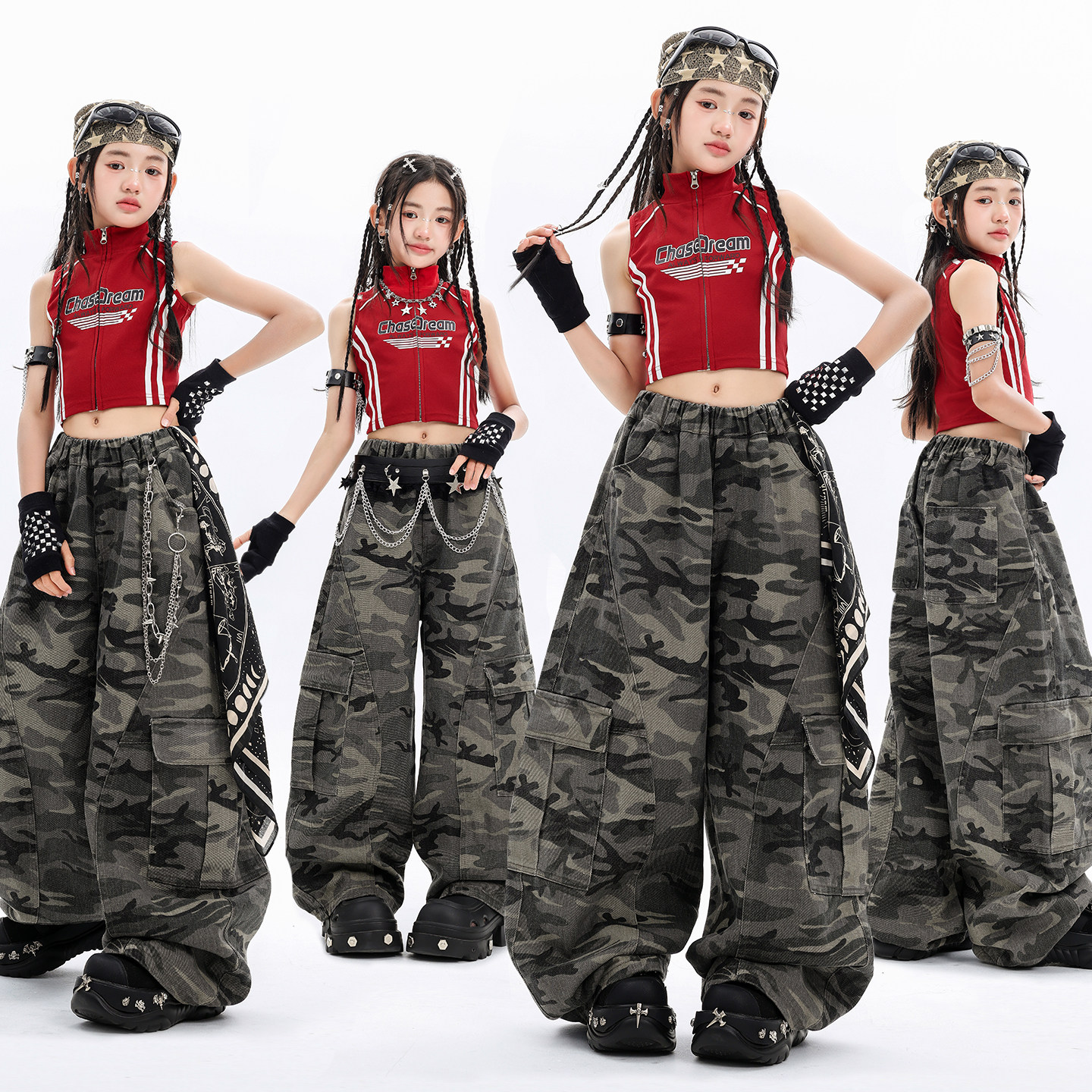 少儿jazz爵士舞服装女童时髦红色背心迷彩裤舞蹈服街舞韩舞演出服