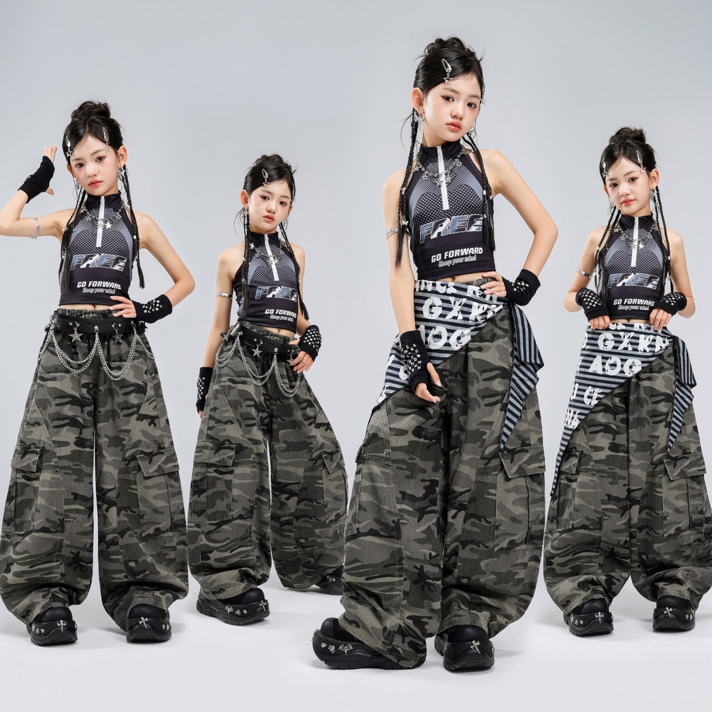 女孩子jazz爵士舞服装潮酷露脐背心迷彩裤套装女童街舞走秀演出服