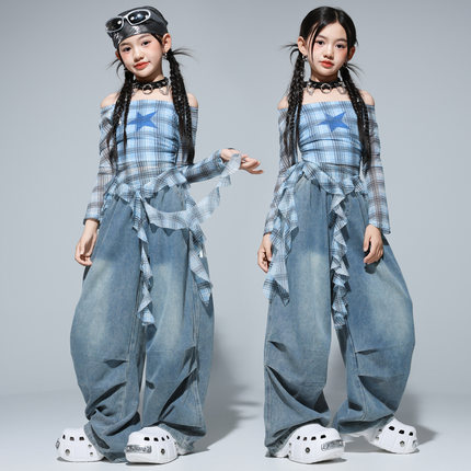 女孩爵士舞服女童时髦格子上衣牛仔裤jazz舞蹈服街舞现代舞演出服