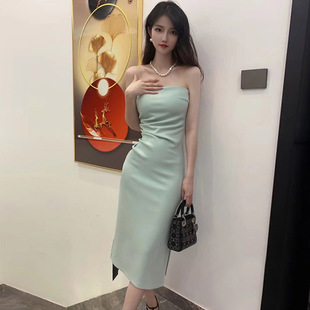 性感百搭防滑裹胸长裙褶皱修身显瘦开叉过膝抹胸连衣裙春夏秋裙子