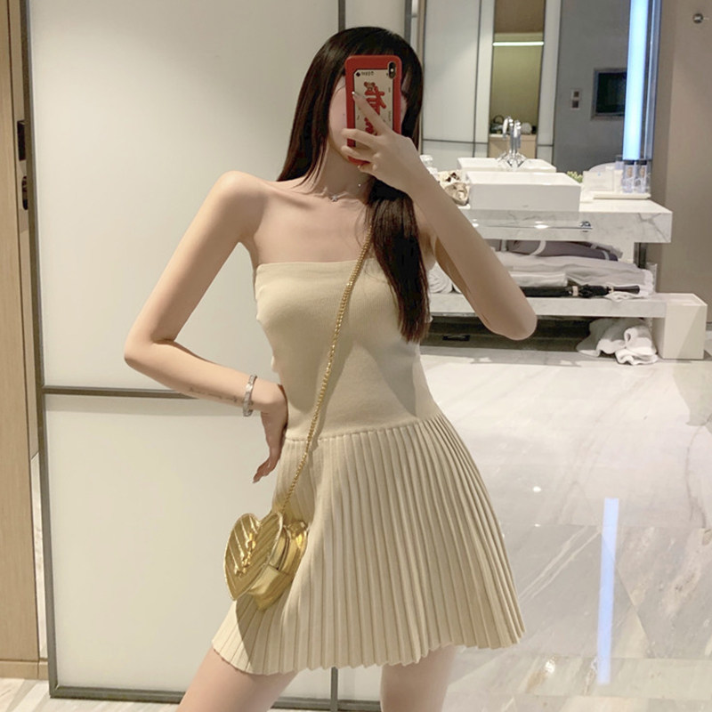 针织抹胸百褶裙一字肩收腰显瘦裙子甜美辣妹风性感裹胸A字裙女夏