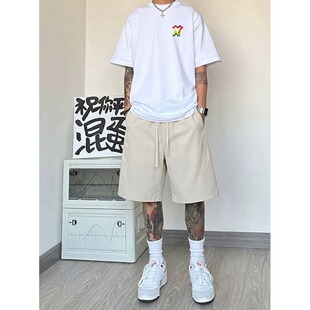速干短裤男夏季新款美式斜切休闲五分裤子宽松直筒运动沙滩裤中裤