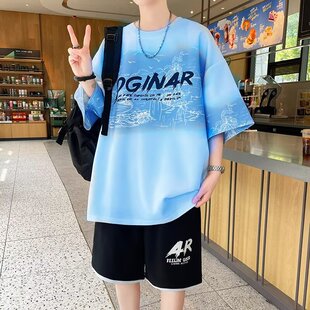 特大码短袖短裤套装男夏季速干半袖t恤宽松280斤胖子加肥加大男装