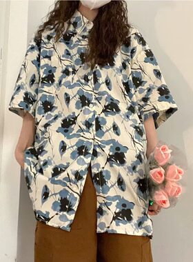 港味chic复古印花衬衫男女夏季2026新款宽松bf慵懒风百搭短袖衬衣