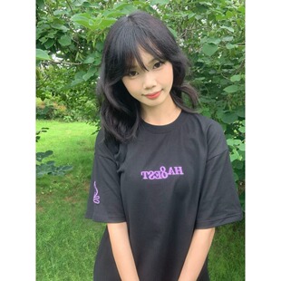 国潮牌小火苗字母刺绣T恤女短袖美式高街夏季宽松情侣半袖上衣ins