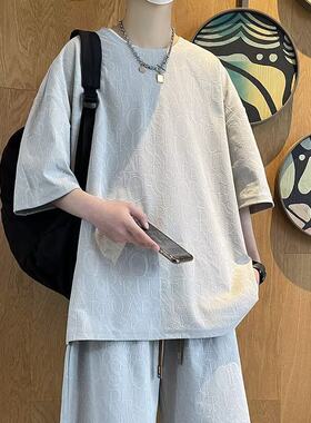 夏季简约短袖t恤男潮牌ins港风韩版炸街情侣百搭休闲五分短裤套装
