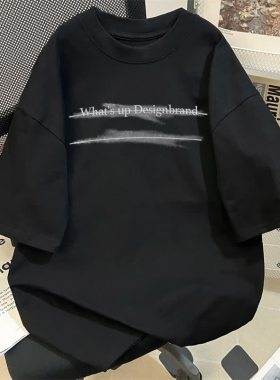 美式高街潮牌黑色短袖女t恤夏季宽松小众设计感纯棉上衣oversize