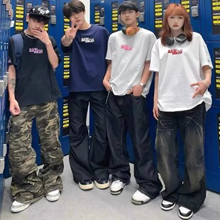 美式复古小火苗刺绣短袖T恤男女夏季新款宽松设计感情侣潮牌上衣
