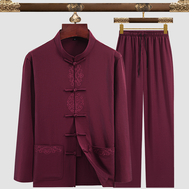 唐装男中老年爸爸装秋季男士老年人衣服爷爷绸缎中国风长袖裤套装