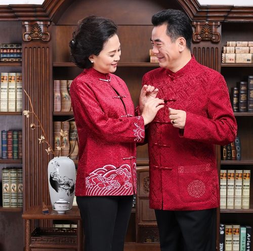 秋冬红色老年人唐装外套男士加绒