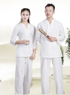 棉麻瑜伽服禅修男女太极居士打坐服茶道改良汉服套装情侣装健身服