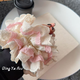 大肠发圈夏日奶油风蝴蝶结布艺四层蕾丝甜美发圈发饰网红皮筋 新款