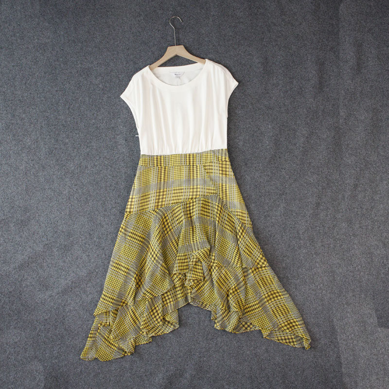 夏季拉系列甜美百搭白色拼接雪纺格子连衣裙