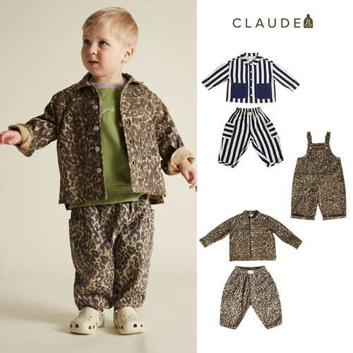 3件5折Little现货英国Claude Co FW25秋冬儿童豹纹外套长裤背带