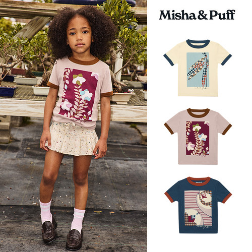 Little现货 Misha Puff FW26秋冬儿童纯棉短袖印花T恤复古花纹