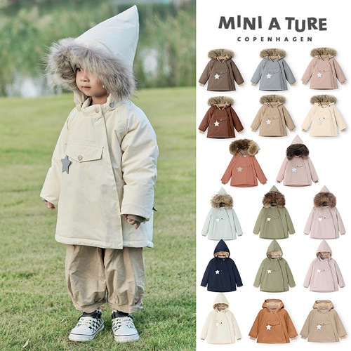 新色little 丹麦miniature FW25儿童男女精灵帽毛领厚夹克棉服
