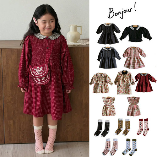 5Z Little现货 法国bonjour FW25女宝复古印花连衣裙袜子风衣外套