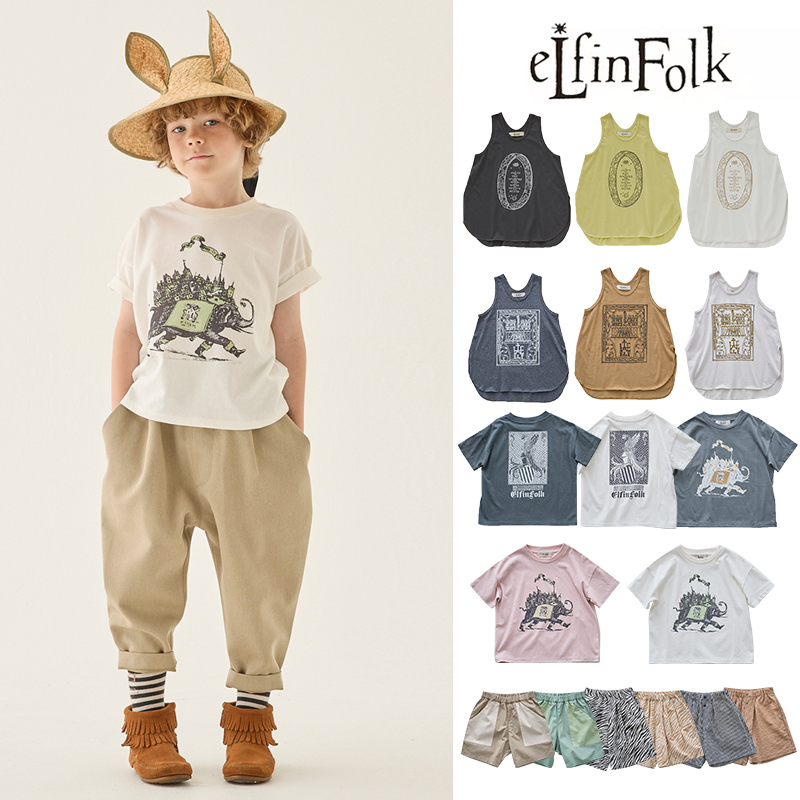 6Z Little现货日本elfinfolk SS25春夏复古印花纯棉短袖背心短裤