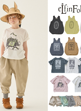 6Z Little现货日本elfinfolk SS25复古印花纯棉短袖背心短裤