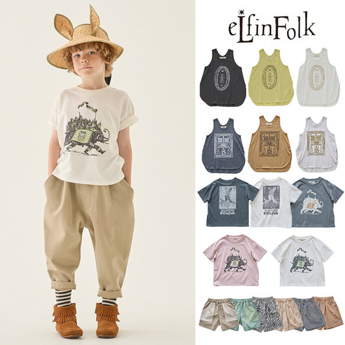 58Z Little现货日本elfinfolk SS25复古印花纯棉短袖背心短裤