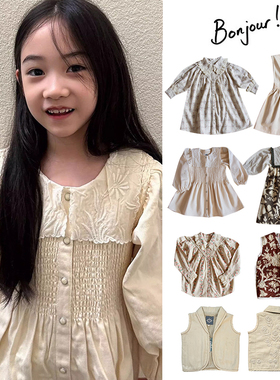 5Z Little现货 法国bonjour FW24女宝复古刺绣翻领连衣裙上衣马甲