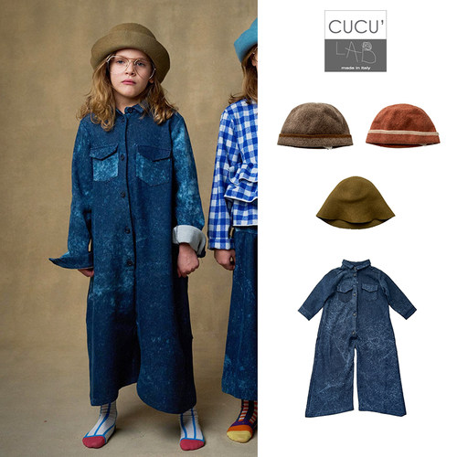 54 Little家现货CUCU LAB FW24男宝女宝牛仔扎染连体衣羊毛帽子