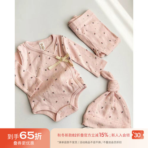 65Z Little美国tuntun FW25新生儿宝宝印花镂空包屁衣打底裤胎帽
