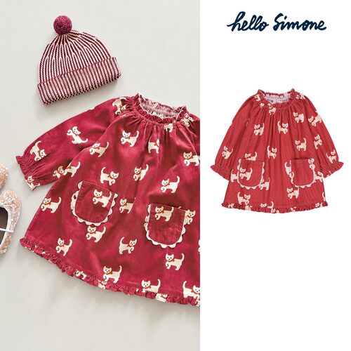 Little现货法国 hello simone FW26女宝小狗灯芯绒连衣裙12-24M