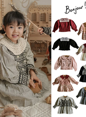 7Z Little现货 法国bonjour FW25秋冬女宝复古印花打揽上衣衬衫