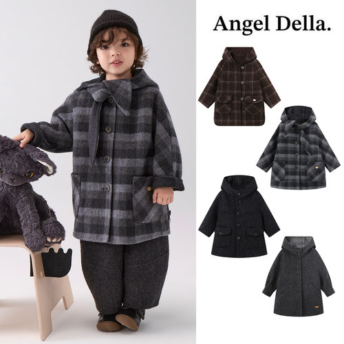 Little现货日本 Angel della FW26 秋冬儿童格纹单排扣毛呢大衣
