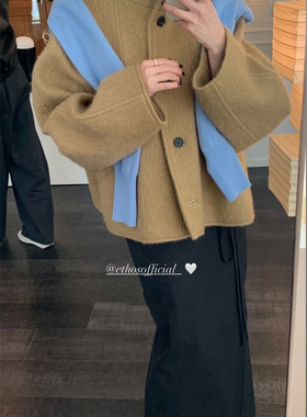 现货PREON工厂自制秋冬ethos同款气质通勤立领羊毛短款大衣外套