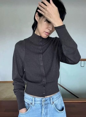 现货PREON工厂自制秋冬新款高级感拼接立领针织开衫修身通勤百搭