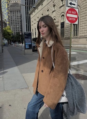 现货PREON工厂自制冬季新款经典驼色仿皮毛一体翻领外套LC同款