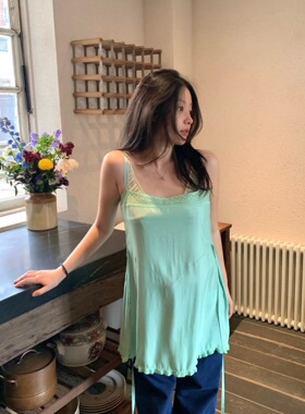 现货PREON自制夏季蕾丝花边明亮绿色吊带连衣裙via同款