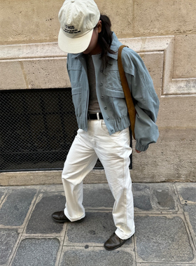 现货PREON工厂自制春季新款工装风淡蓝色短款夹克外套ethos风