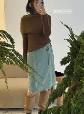 陆续PREON工厂自制秋冬新款高级感光泽丝绒木耳边系带半裙atelier