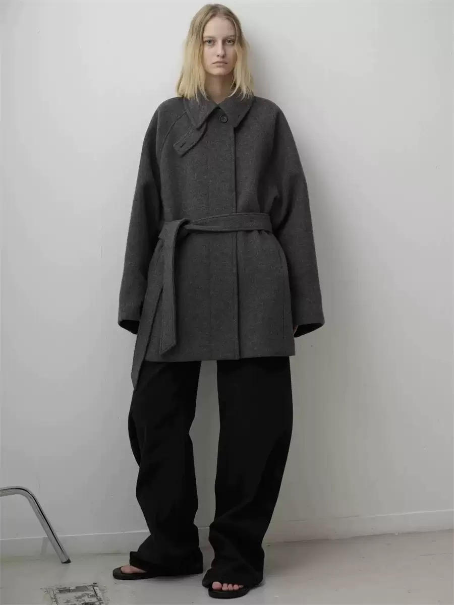 在制PREON工厂自制冬季新款高级感翻领系带facade羊毛大衣外套