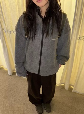 现货PREON工厂自制秋冬新款经典灰色摇粒绒抓绒保暖拉链立领外套