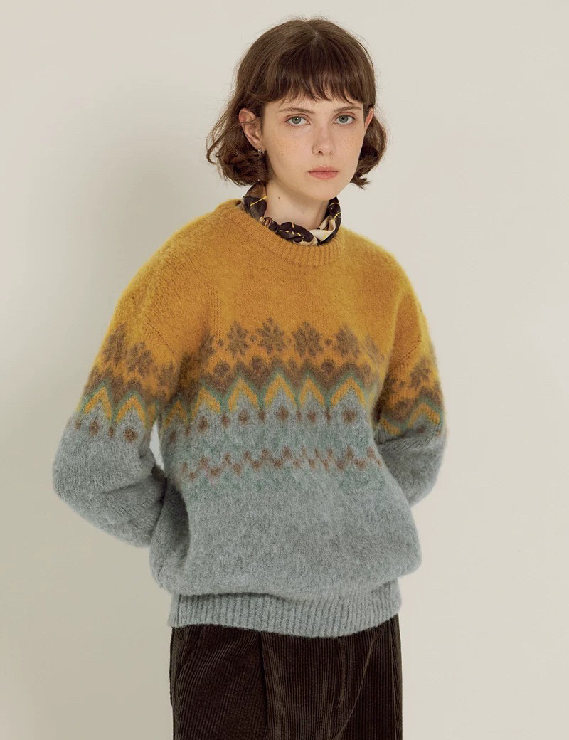 现货PREON工厂自制秋冬sienne同款氛围雪花提花圆领宽松套头毛衣