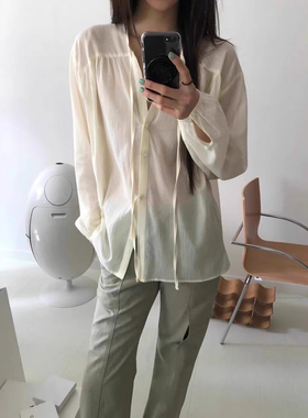 现货PREON工厂自制夏季新款气质v领系带薄透长袖衬衫londonflat