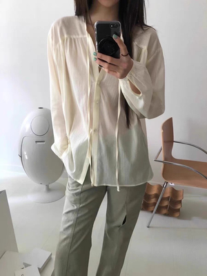 现货PREON工厂自制夏季新款气质v领系带薄透长袖衬衫londonflat