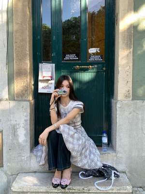 PREON工厂自制春夏新款seo同款精美格纹蕾丝公主裙吊带系带连衣裙