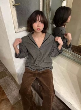 现货PREON工厂自制秋季新款海军领单排扣休闲翻领上衣via同款