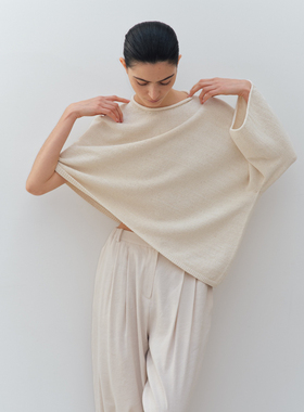 PREON工厂自制早春新款气质亚麻圆领不规则斗篷针织上衣moia同款