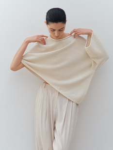 PREON工厂自制早春新款气质亚麻圆领不规则斗篷针织上衣moia同款