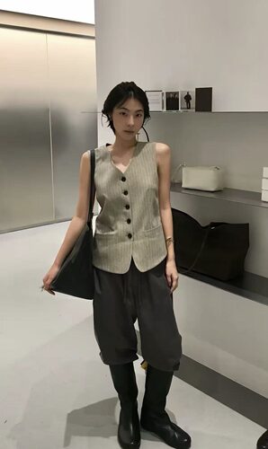 现货PREON自制时髦高级感条纹拼色马甲背心amomento风